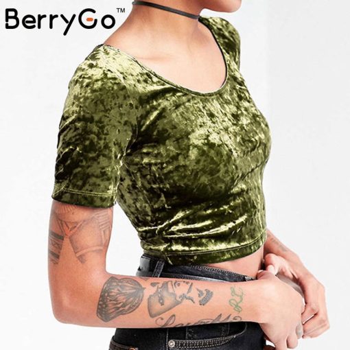 BerryGo Sexy velvet camisole tank top tees High waist bustier crop top short sleeve shirt Casual women tops party cami Christmas